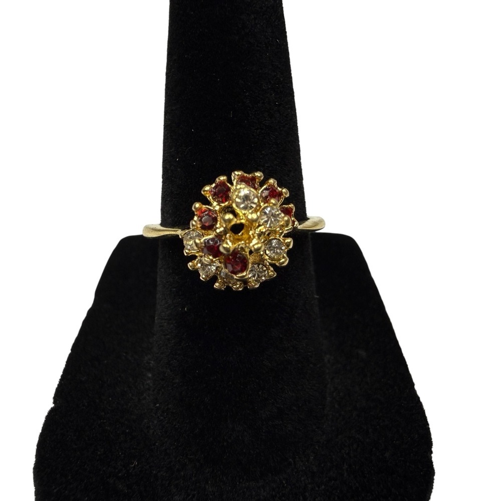 18K GE Gold Red Clear Gemstone & Rhinestone Cluster Cocktail Ring Jewelry Size 6